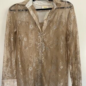 Maeve Sheer Lace Button-Front Blouse in Tan